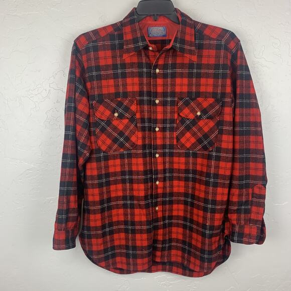Vintage Pendleton Shirt Mens Large Red Black Wool Plaid Flannel Made USA 70s - Picture 1 of 8
